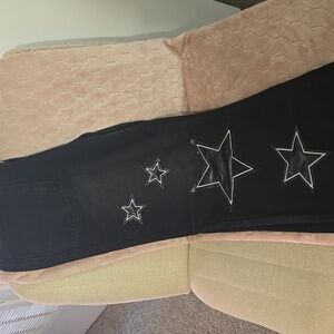 SHEIN Black Wide Leg Pants with Black And White Leather Star Design